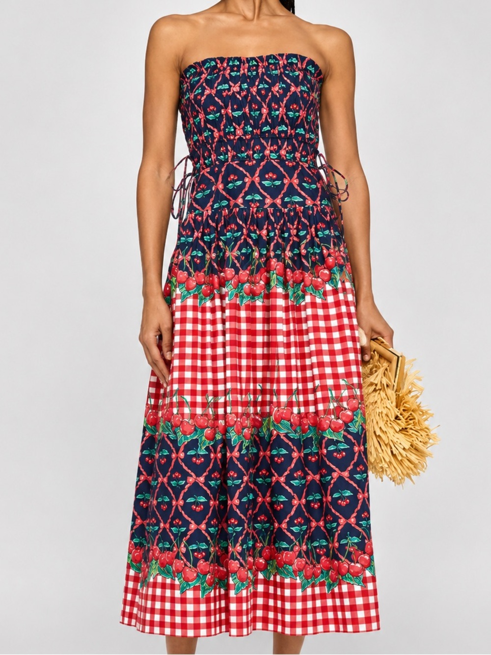 Damson Madder Strapless Cherry Print Midi Dress